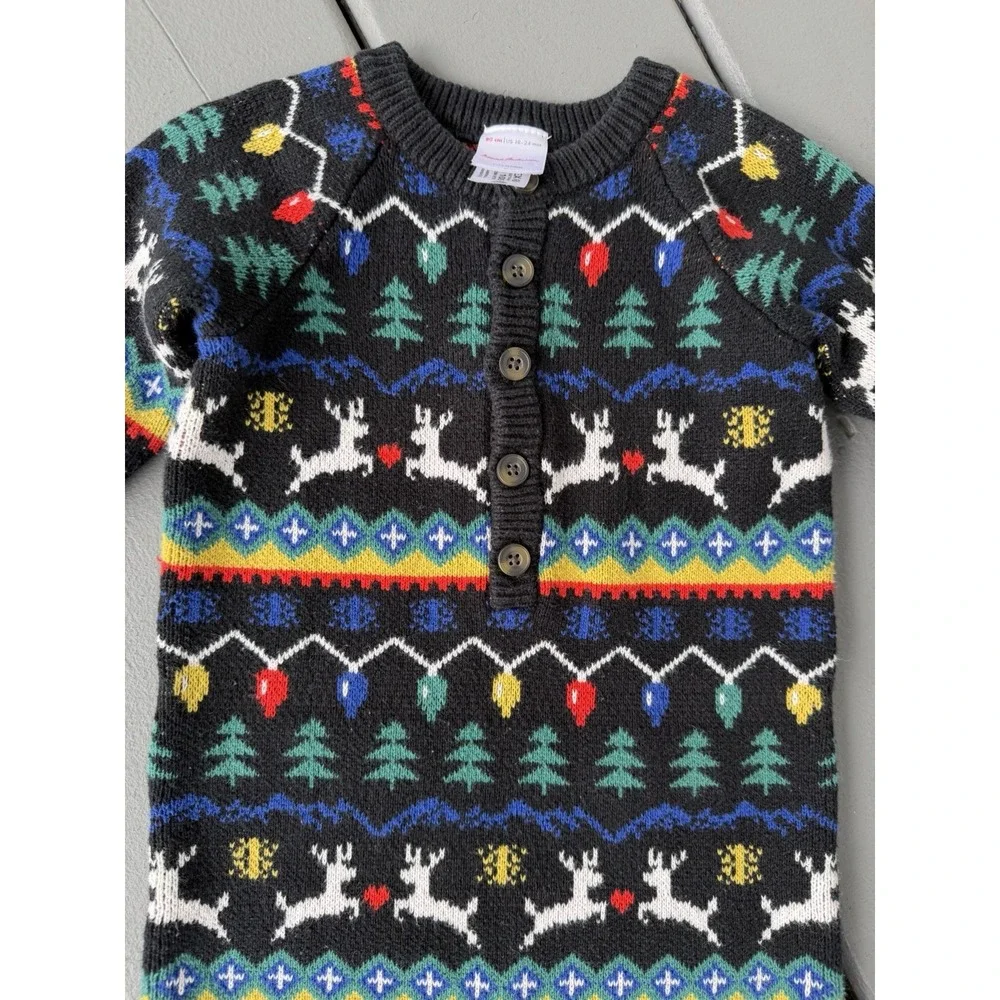 Hanna Andersson 18–24M Holiday Fair Isle‎ Reindeer Knit One-Piece Romper Nordic